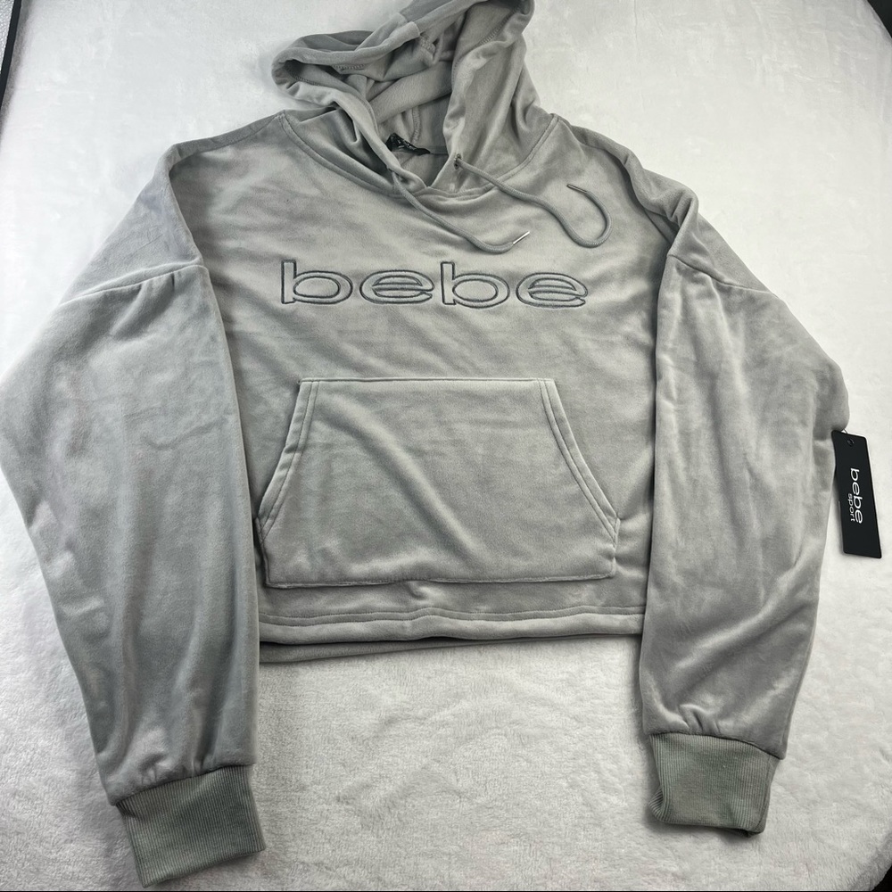 BEBE Sport Cropped Logo Plush Velour Hoodie Heather Grey NWT